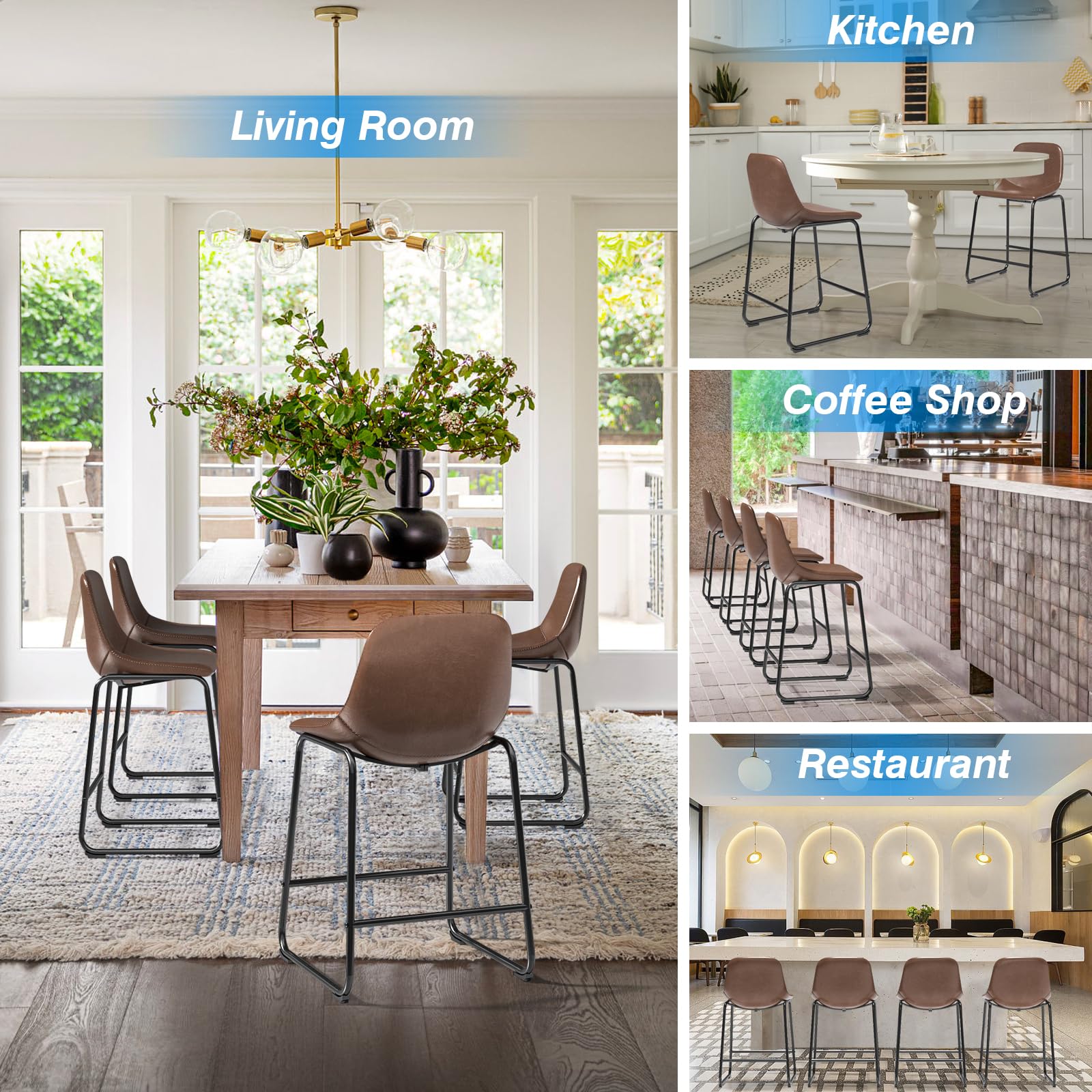 Rfiver Pu Faux Leather Bar Stools, Industrial Pub Barstools with Back and Footrest, Modern Armless Bar Height Stool Chairs
